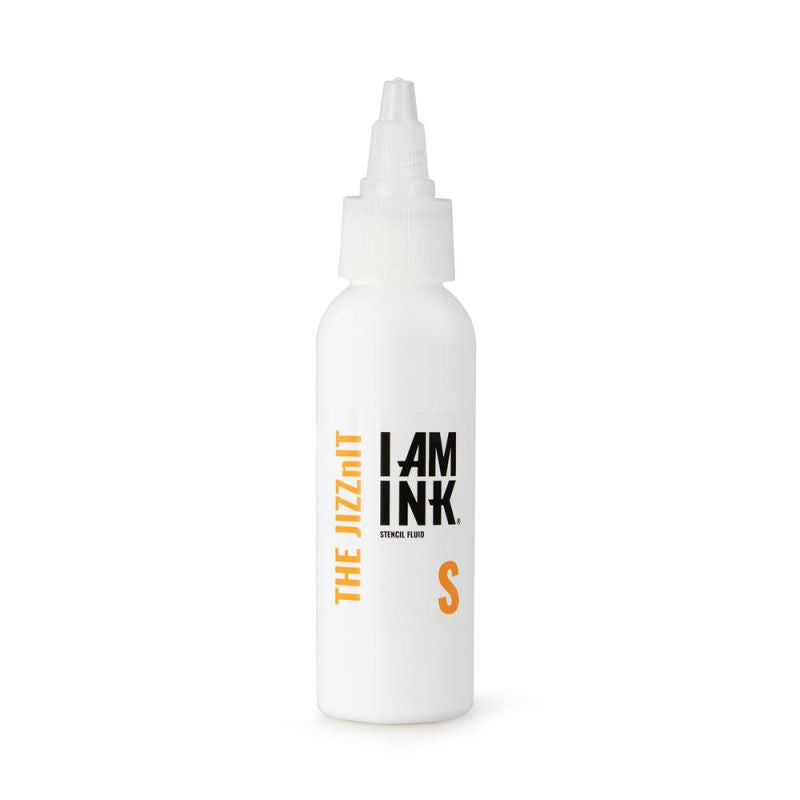 White I AM INK Jizznit Stencil Fluid 100ml bottle with orange black labels