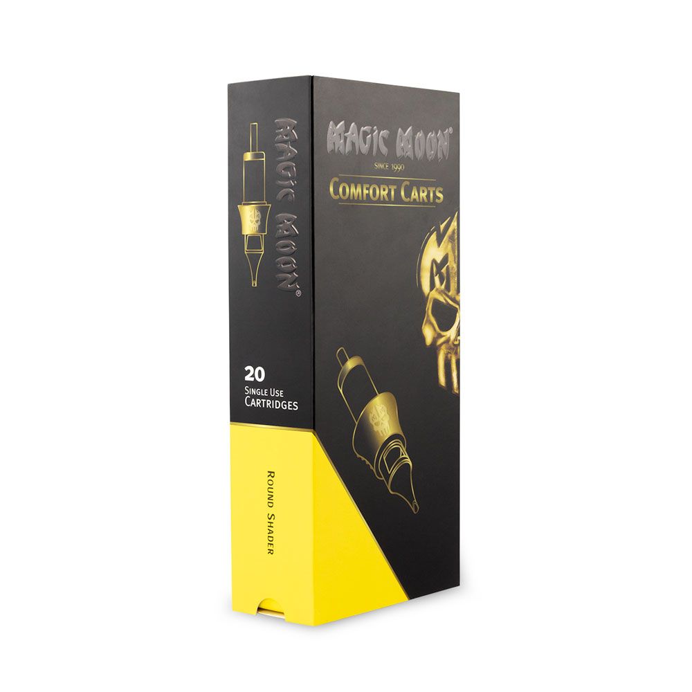 Black and yellow box of Magic Moon Comfort Carts with 20 single-use cartridges for Round Shader Long Taper