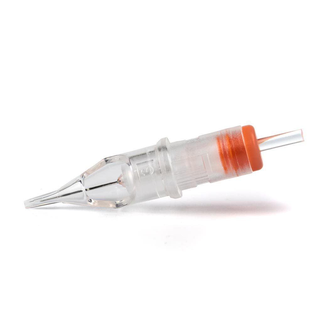 Clear plastic BugPin round liner tattoo needle with orange cap and metallic tip