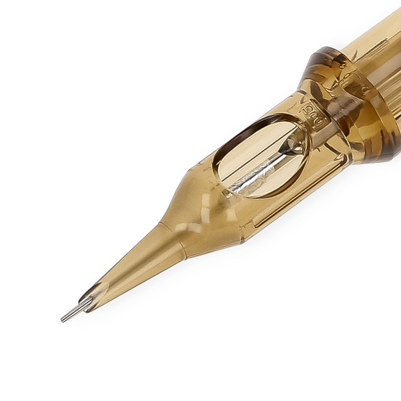 Transparent amber Kwadron textured round liner cartridge with metallic tip