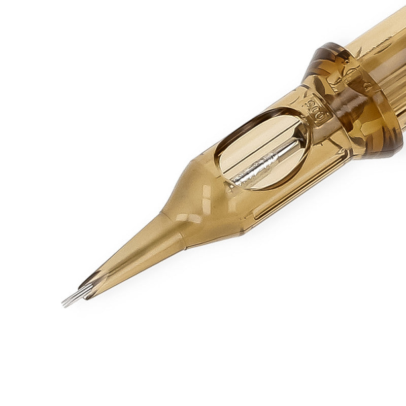 Transparent amber Kwadron Round Shader Long Taper tattoo cartridge needle