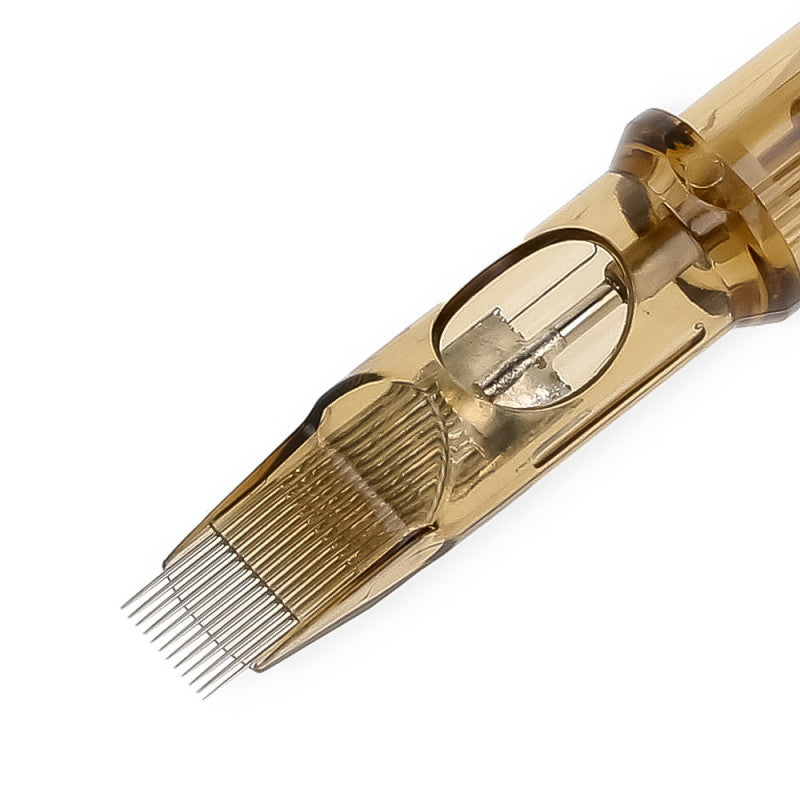 Gold Kwadron Magnum Long Taper cartridge with amber housing and fine needles